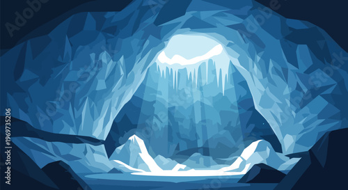 Low Poly Ice Cave Interior with Light Beams