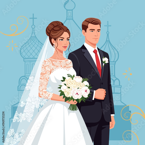 Bride and groom in wedding attire with church background