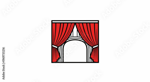 Red curtains frame an arched opening with a white background
