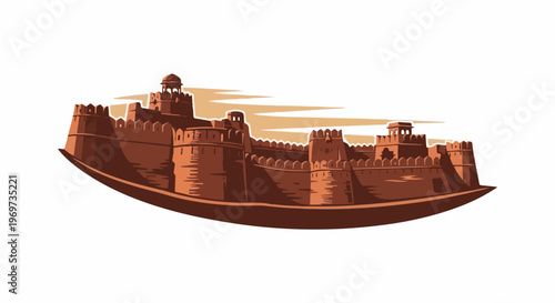 Red fortress with crenelated walls and domed towers against a hazy sky