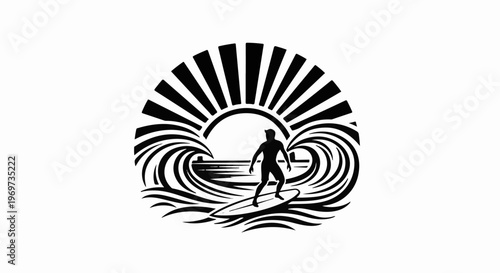 Silhouette of a surfer riding a wave under a sunburst and stylized ocean