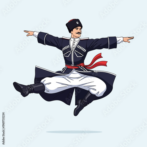 Cossack dancer in traditional costume performing a leap