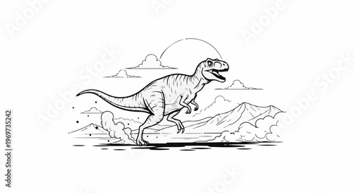 Prehistoric creature dashes through a dramatic mountain landscape under a sky