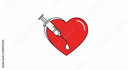 Red heart pierced by a syringe, with a drop falling