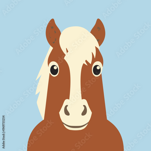Brown horse head with white mane and friendly face, farm animal illustration, equestrian theme, cute pet.