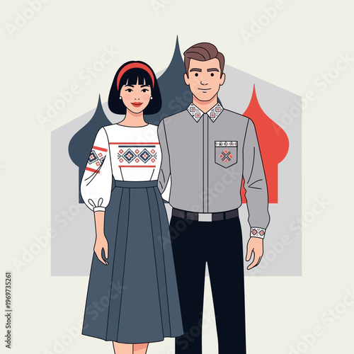 Couple in Traditional Slavic Clothing with Russian Church Domes Background