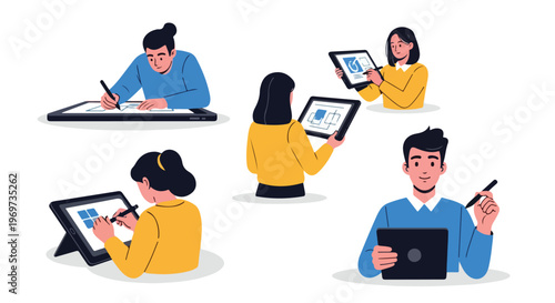A graphic designer using a stylus and a drawing tablet, vibrant creative colors, flat illustration, no stroke, isolated on white.A graphic designer using a stylus and a drawing tablet