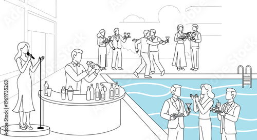 People enjoying a poolside party with a singer and a bartender