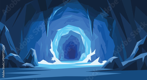 Vector Illustration of an Icy Cave Entrance in a Frozen Winter Landscape