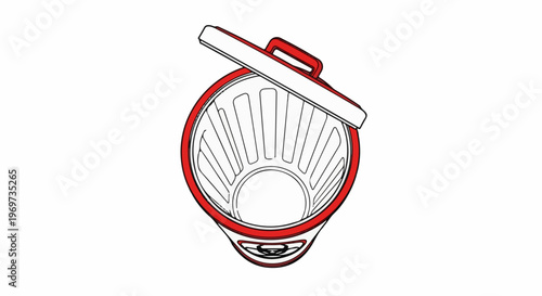 Red open trash can with lid tilted upwards, seen from above