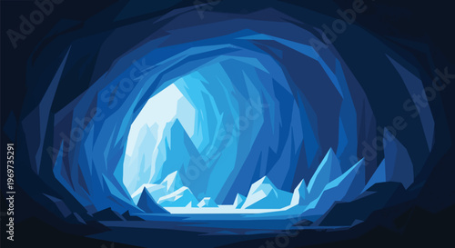 Abstract Blue Ice Cave Illustration with Glowing Light