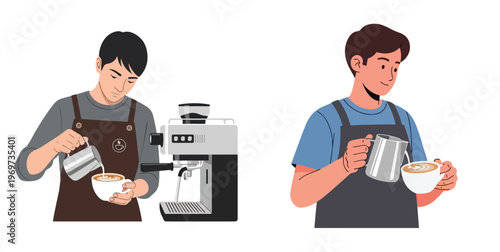 A barista wearing a apron preparing a latte, minimalist flat vector style, no borders, clean and modern, white backdrop.
