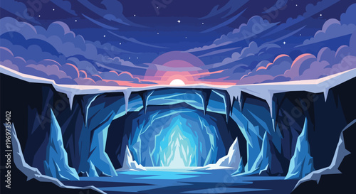Pixel Art Ice Cave Entrance with Sunset Sky and Snowy Mountains Background