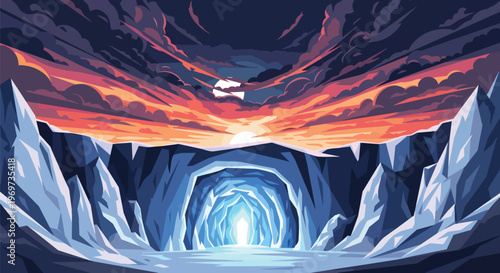 Pixel Art Ice Cave Entrance with Dramatic Sunset Sky