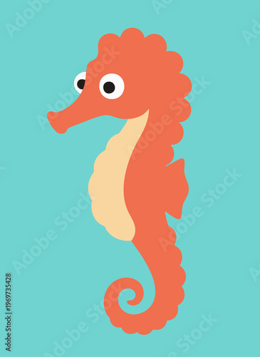 Orange seahorse with big eyes and curly tail, marine animal illustration, ocean life, cute sea creature.
