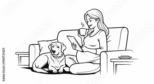 Relaxing pregnant woman with dog on couch, drinking coffee and reading on tablet
