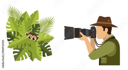Safari Photographer Capturing Images of a Curious Monkey Peeking Through Lush Tropical Foliage