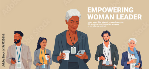 Empowering woman leader business team diversity professionals standing together with coffee and smartphones office attire beige background conference badge