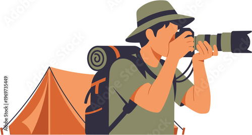 A hiker with a backpack and a camera captures the moment while standing next to a tent