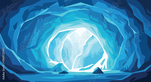 Abstract Ice Cave Interior with Glowing Light Entrance Vector Illustration