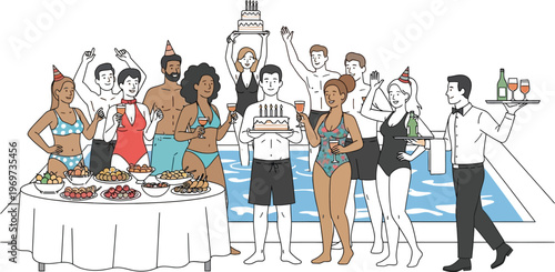 Group of friends celebrating birthday party by the swimming pool with food and drinks