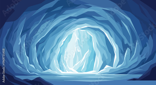 Abstract Ice Cave Interior with Glowing Light Entrance