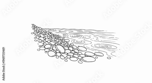 Ripples on the water's surface gently lap a rocky shore in this sketch