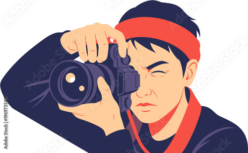 Close-up of a focused individual holding a professional camera, capturing a moment with intense concentration and artistic vision