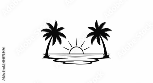 Silhouette of a tropical beach scene with palm trees and sunset over water