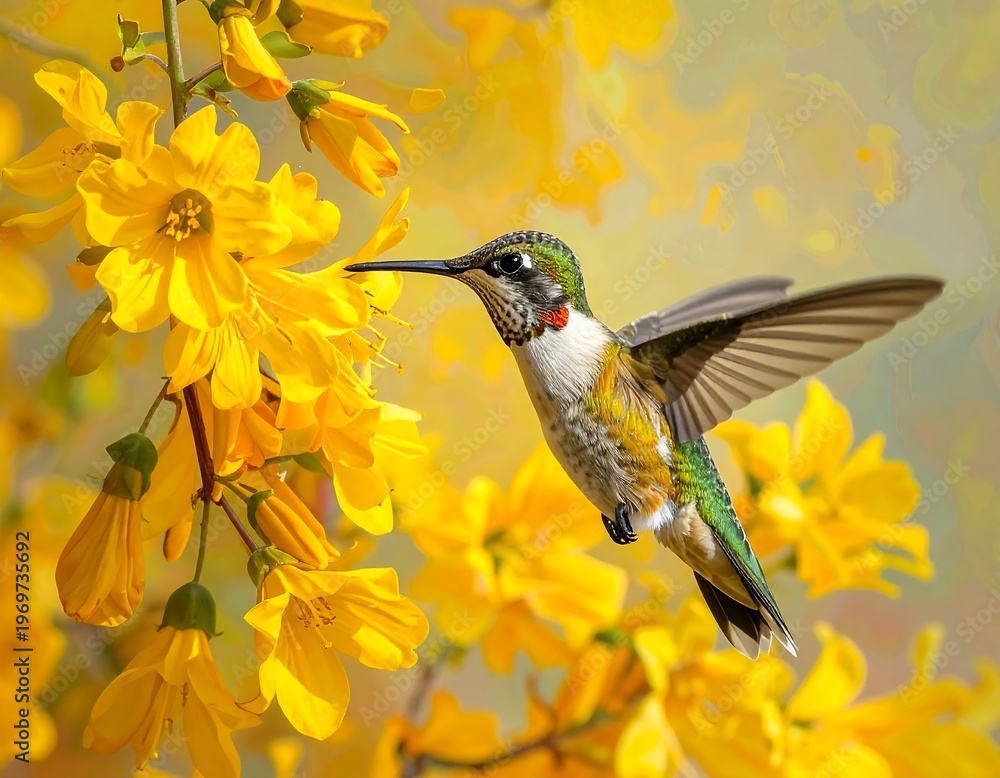 Fototapeta premium A hummingbird hovers near bright yellow flowers