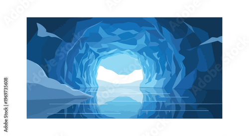 Abstract Ice Cave Illustration with Glowing Light and Reflective Water