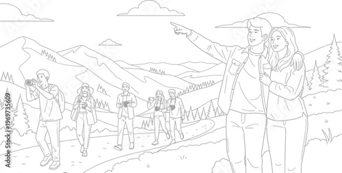 Group of tourists exploring scenic mountain landscape with cameras