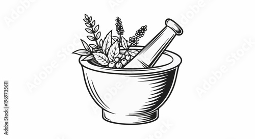Mortar and pestle with herbs and berries, black and white sketch