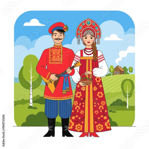 Russian Couple in Traditional Folk Costumes with Balalaika and Basket