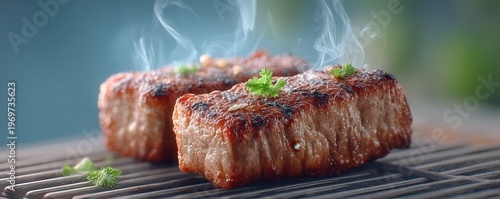 Grilled Beef Steak with Smoke, Fresh Herbs, and Appetizing Char on a Barbecue Grill Background