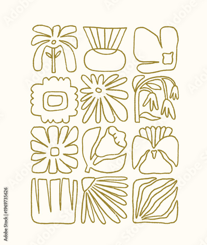 Floral poster, botanical card design in line-art doodle style. Naive grid wit...