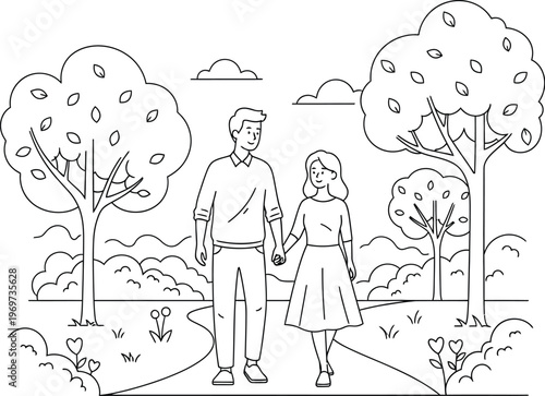 A loving couple walking hand in hand on a peaceful park path surrounded by trees and flowers