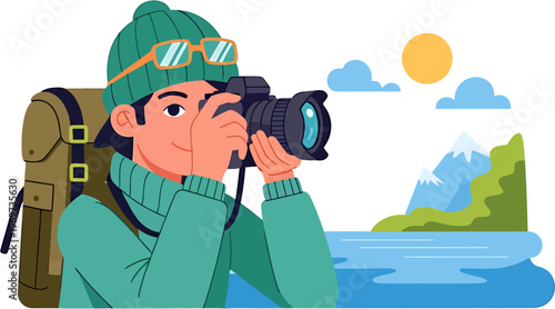 Enthusiastic traveler captures breathtaking mountain landscape photography with professional camera, embarking on an adventurous outdoor journey