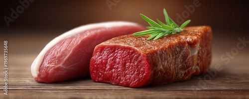 Fresh Cuts of Raw Meat with Green Herb on Wooden Table in Warm Lighting