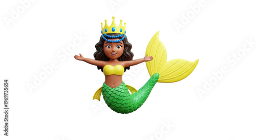 3D Cartoon Mermaid with Crown and Yellow Tail