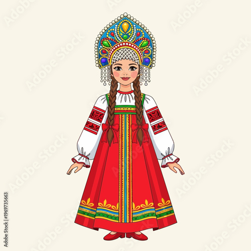 Russian Girl in Traditional Folk Costume and Kokoshnik Headdress
