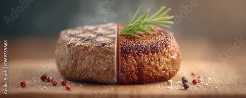 Tender Juicy Grilled Steak with Herb Garnish on Wooden Cutting Board in Warm Kitchen Setting