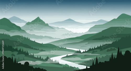 Minimalist Green Landscape with Winding River and Misty Mountains