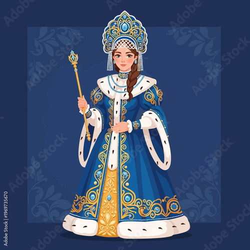 Russian Snow Maiden Snegurochka in ornate blue and gold costume with crown and scepter