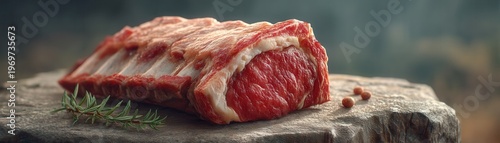 Fresh Raw Meat on Wooden Cutting Board Surrounded by Herbs and Spices in a Rustic Setting