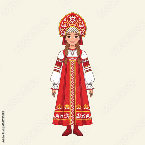 Russian Girl in Traditional Folk Costume and Kokoshnik Headdress
