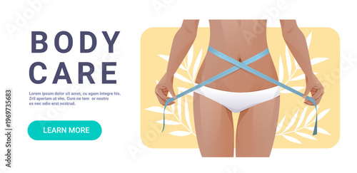 Body care slim waist woman measuring tape healthy lifestyle wellness abstract leaves yellow background website banner