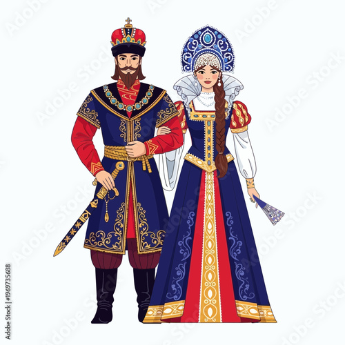 Russian Tsar and Tsarina in traditional ornate costumes, historical clothing