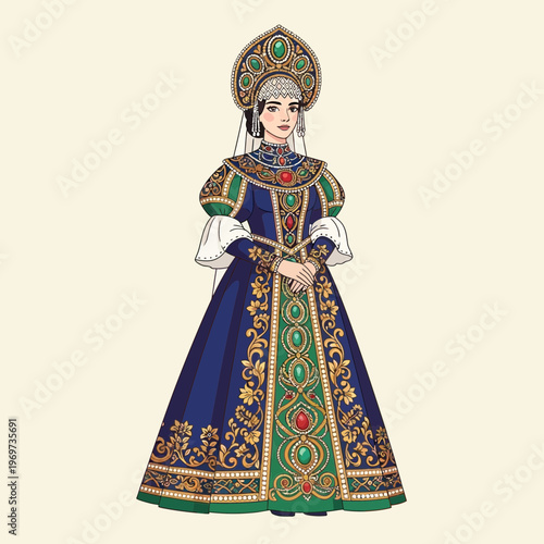 Russian Woman in Traditional Costume and Kokoshnik Headdress