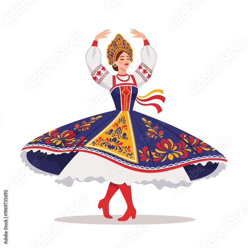 Russian Woman Dancing in Traditional Folk Costume